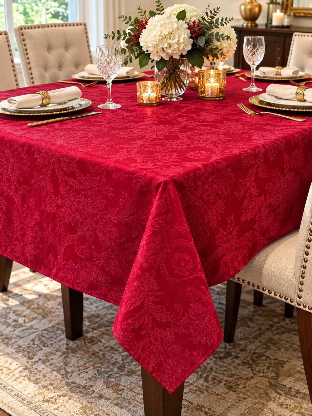 Bed Bath & Beyond Red Jacquard Tablecloth Floral Damask